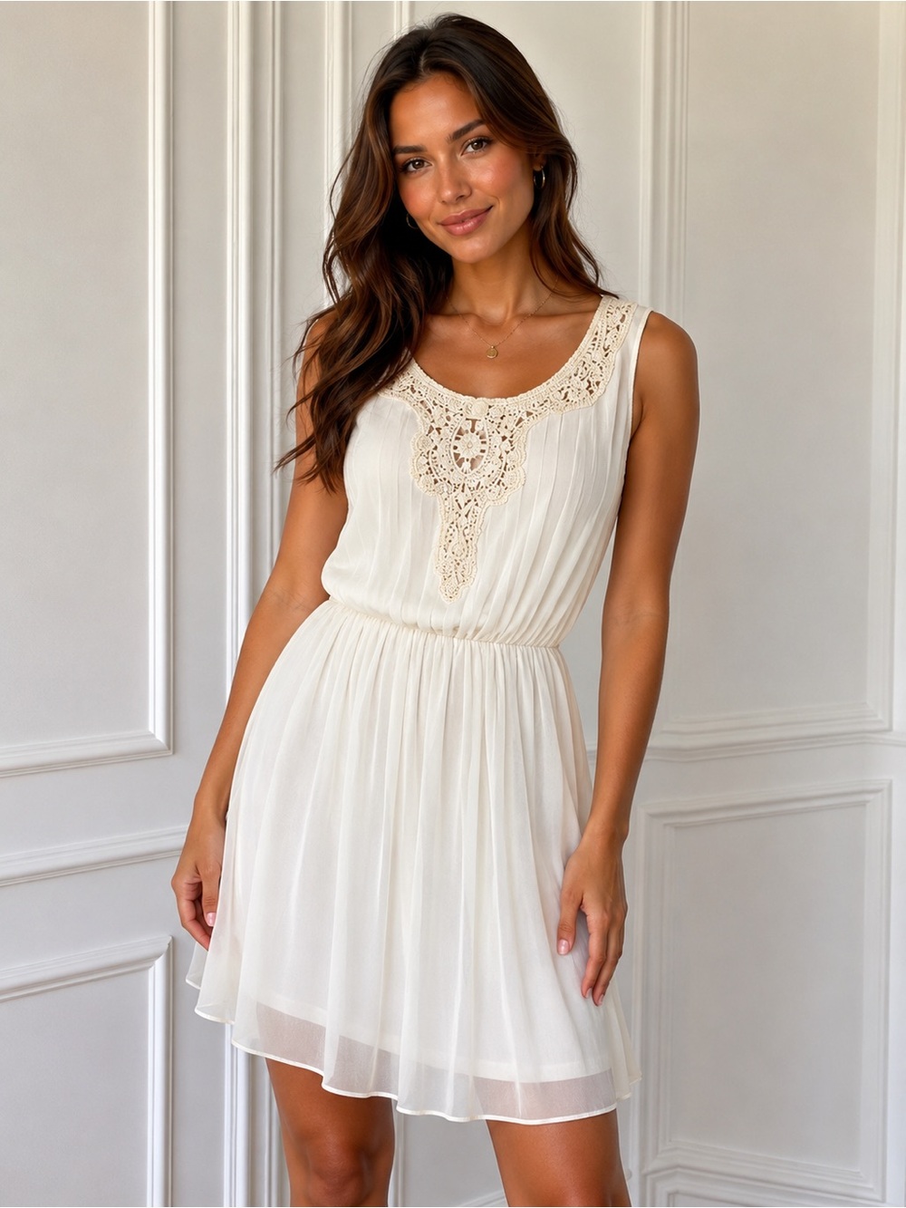 Jessica Simpson' Cream Pleated Lace Yoke Dress